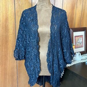 Vintage Cinema Etoile Lace Kimono Cardigan‎ Black Floral Sheer Lingerie Sexy